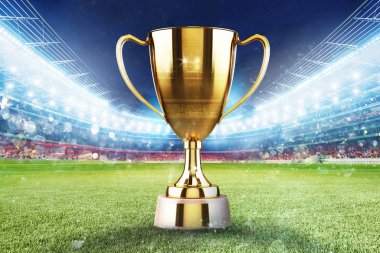 Altın kazanan s Kupası futbol stadyumu ile izleyici ortasında