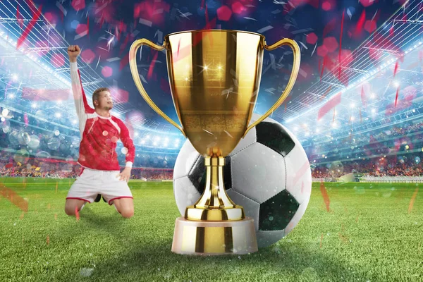 Golden winners cup in the middle of a stadium with audience — Stock Photo, Image