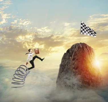 Bayrak ulaşmak için bir bahar üzerinde atlama iş adamı. Başarı iş hedefi ve zor kariyer kavramı