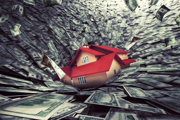 Real estate market crisis with a house sucked into debt. 3D Rendering — Stock Photo, Image