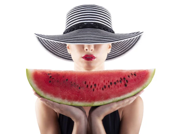 Girl in swimsuit with red watermelon in hand — Stock Photo, Image