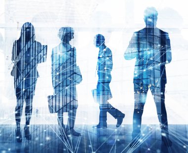 İş adamları Office Internet ağ etkileri ile birlikte çalışır. Takım çalışması ve ortaklık kavramı. Çift pozlama