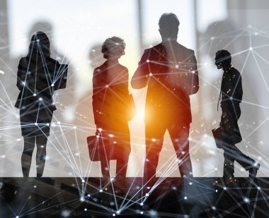 İş adamları Office Internet ağ etkileri ile birlikte çalışır. Takım çalışması ve ortaklık kavramı. Çift pozlama