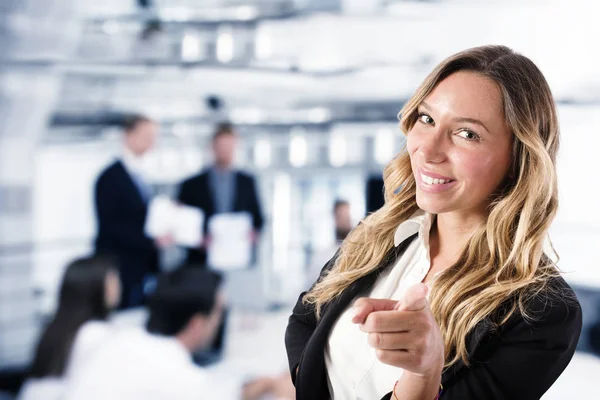 Businesswoman that indicates on the camera. Concept of people recruitment — Stock Photo, Image