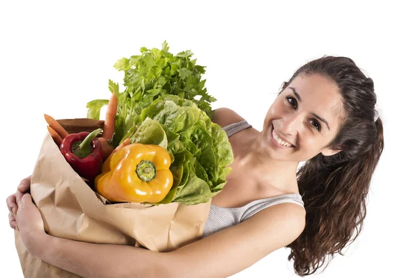 Bio shopping concept with girl at the super market with — Stock Photo, Image