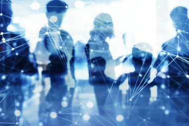 İş adamları Office Internet ağ etkileri ile birlikte çalışır. Takım çalışması ve ortaklık kavramı. Çift pozlama