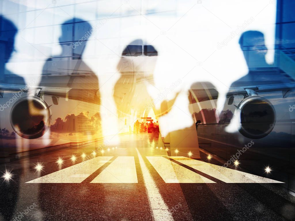 Take off of a modern aircraft and double exposure with silhouettes of passengers in the airport