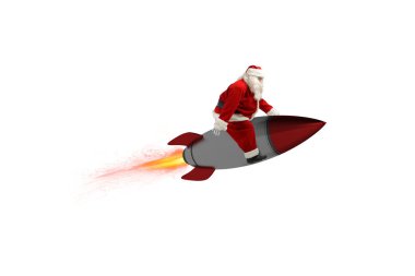 Noel hediye hızlı teslimat. Noel Baba beyaz arka plan üzerinde izole bir roket ile uçmaya hazır