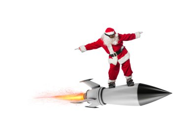 Noel hediye hızlı teslimat. Noel Baba beyaz arka plan üzerinde izole bir roket ile uçmaya hazır