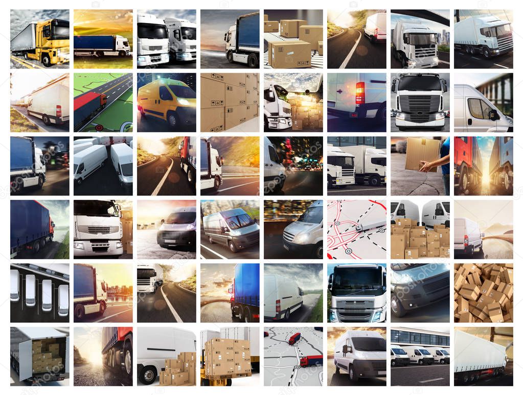 Collage composition with vans and trucks. Concept of transport and logistic