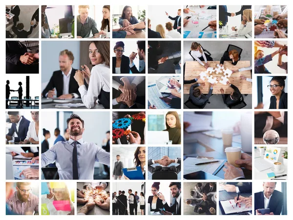 Business-Collage mit Szene eines Geschäftsmannes bei der Arbeit — Stockfoto
