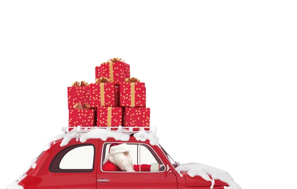Weihnachtsmann auf einem roten Auto voller Weihnachtsgeschenke fährt zur Auslieferung — Stockfoto