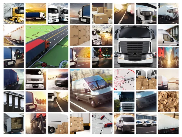 Collage composition with vans and trucks. Concept of transport and logistic