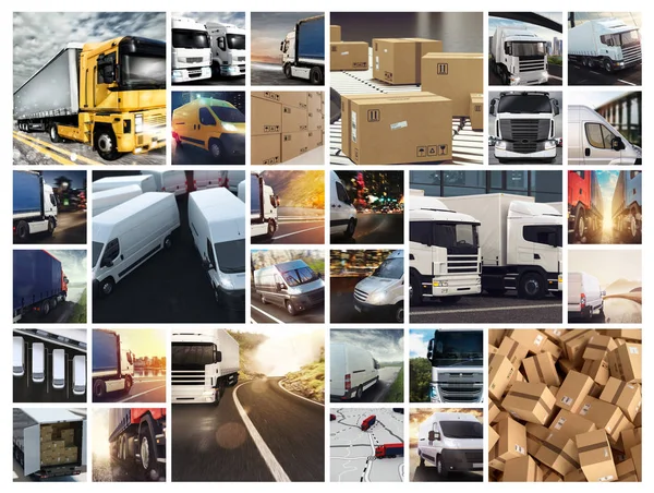Composizione collage con furgoni e camion. Concetto di trasporto e logistica — Foto Stock