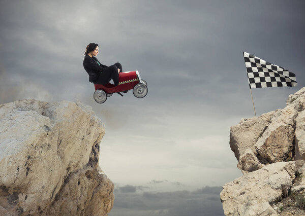 Fast businesswoman with a car wins against the competitors. Concept of success and competition
