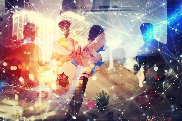 Handshaking business person in office. concept of teamwork and partnership. double exposure with network effects — Stock Photo, Image