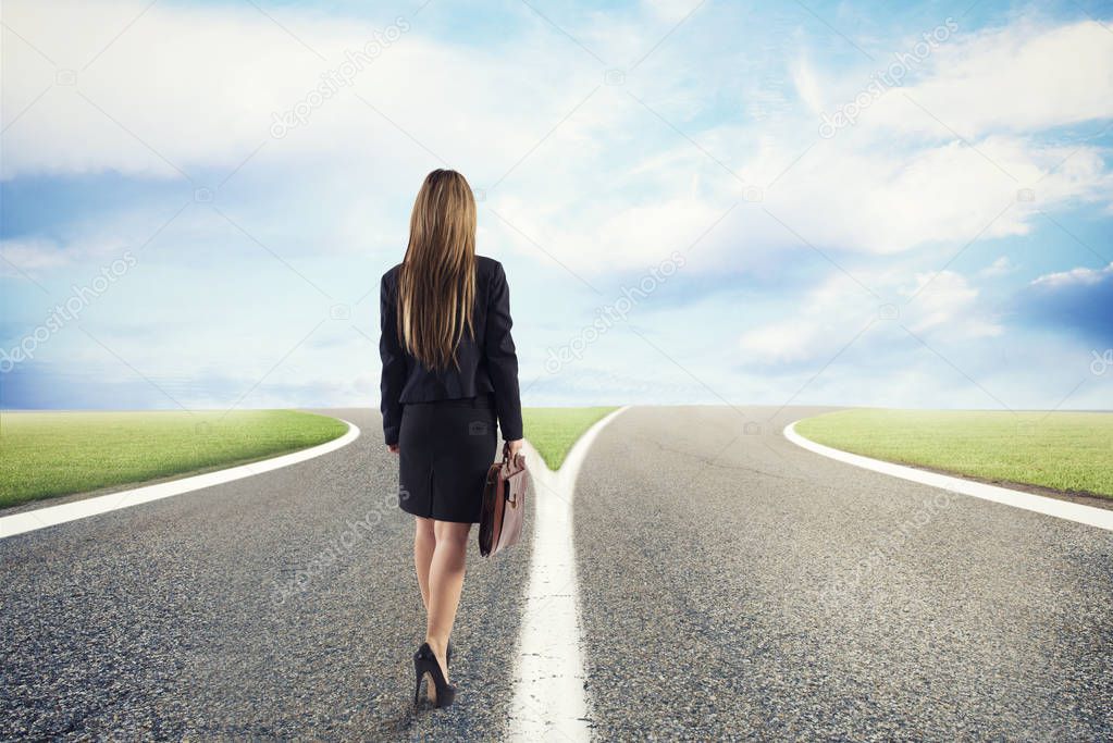 Choices of a businesswoman at a crossroads. Concept of decision