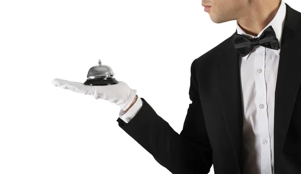 Kellner mit Glocke in der Hand. Konzept des erstklassigen Services in Ihrem Unternehmen — Stockfoto