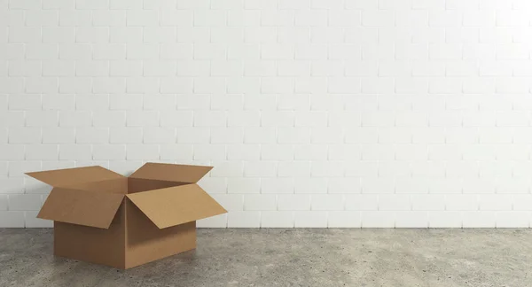 Caja de cartón abierta vacía en el suelo con un fondo de pared. Concepto de movimiento y envío —  Fotos de Stock