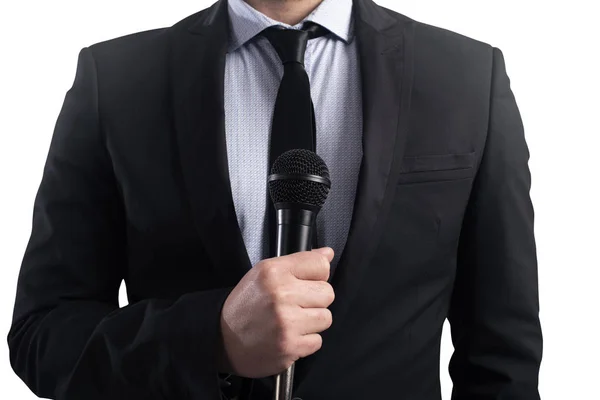Homem de negócios elegante pronto para falar com microfone — Fotografia de Stock
