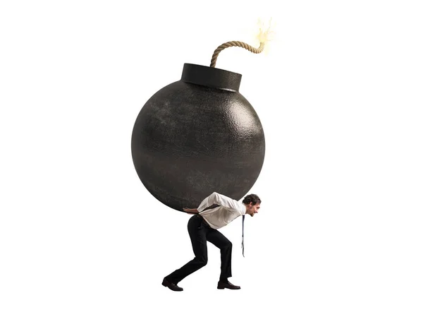 Businessman hold a bomb. Concept of difficult career and failure. Isolated on white background — Stock Photo, Image