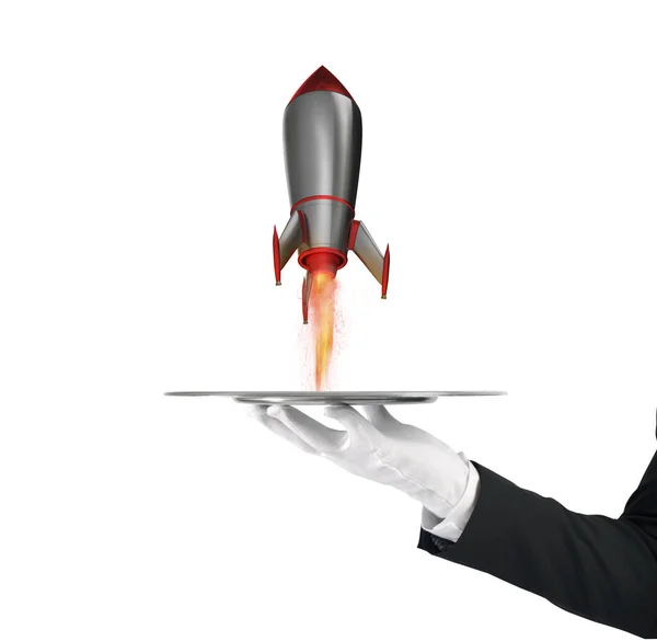 Waiter that holds a tray with a rocket ready to start. Concept of startup — Stock Photo, Image