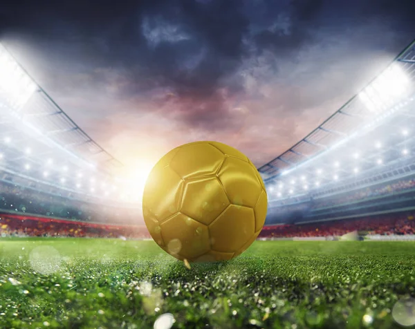 Golden Soccerball at the stadium ready for match — Stock Photo, Image