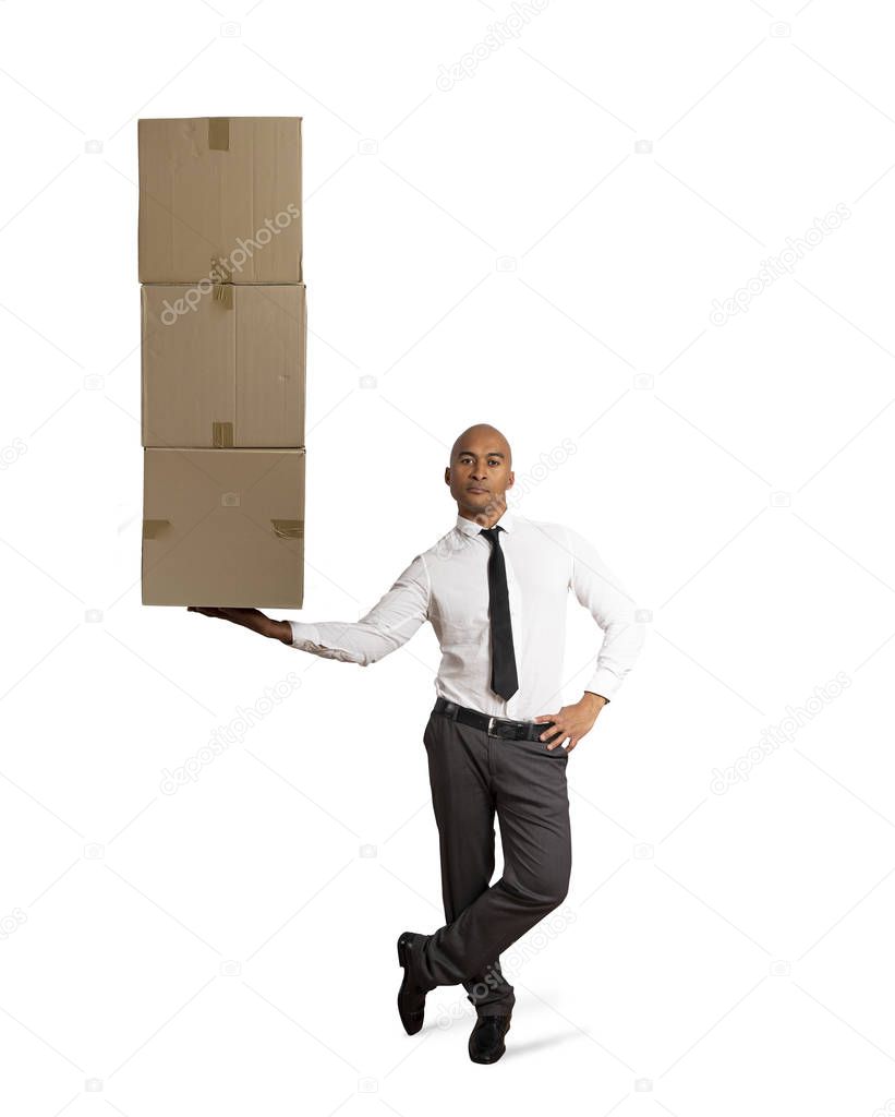Businessman holds a pile of packages in a hand. concept of fast delivery