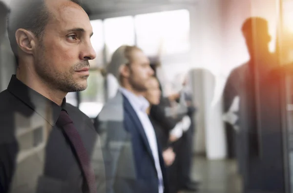 Businessmen that look far for the future. Concept of teamwork, partnership and startup. Double exposure — Stock Photo, Image