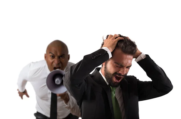 Boss scolds with megaphone a desperate employee with a verbal aggression — Stock Photo, Image