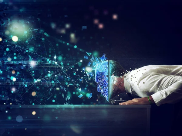 Businessman with his head inside a cyberspace through the laptop. Internet connection and addiction concept — Stock Photo, Image