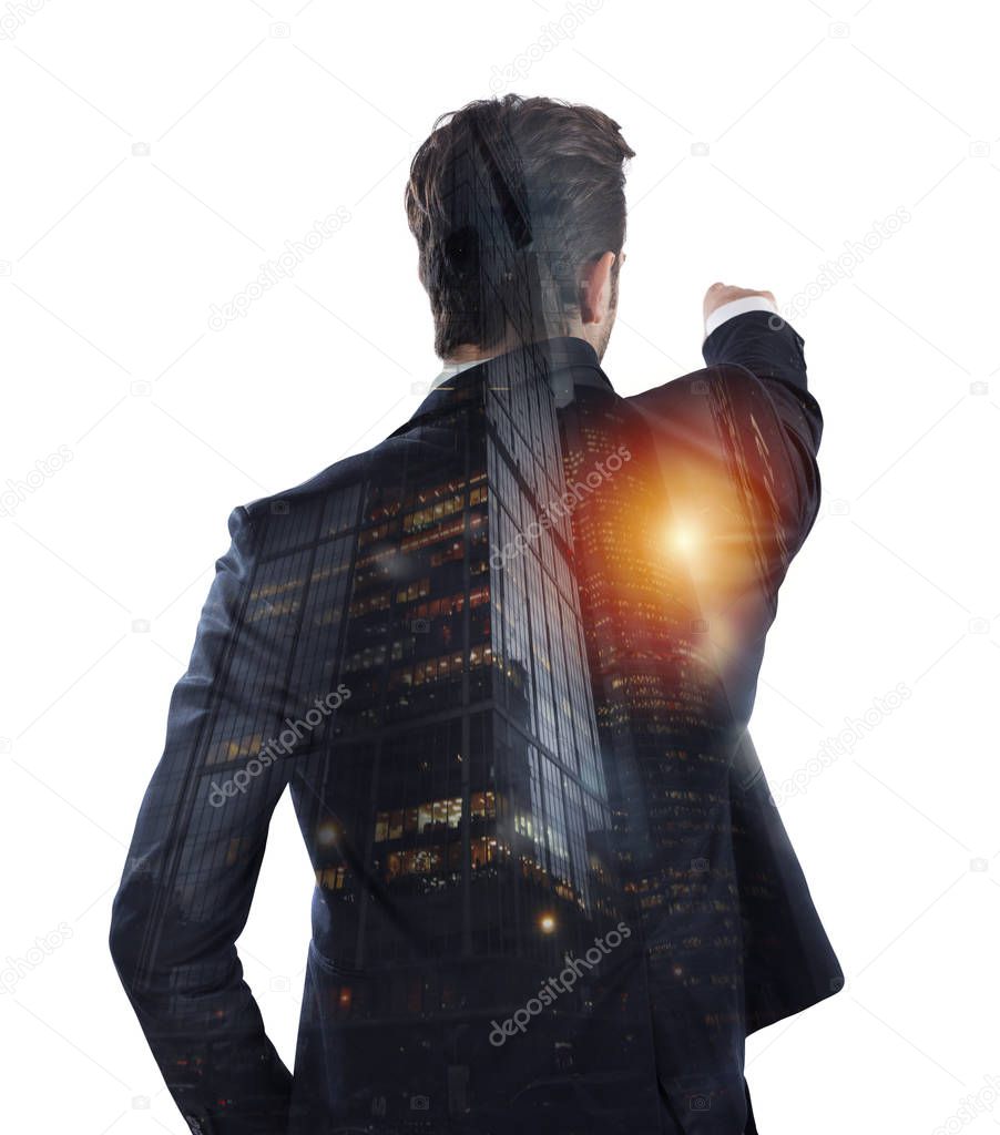 Businessman looks far for new business opportunities. Double exposure