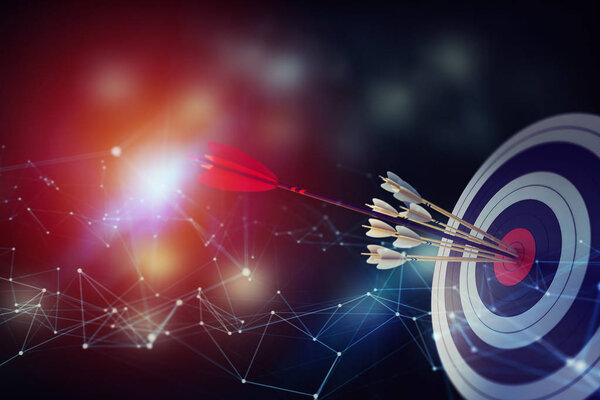 Arrow hit the center of target on abstract background with network effects. Business target achievement concept. 3D Rendering