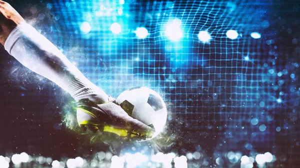Football scene at night match with player ready to shoot the ball