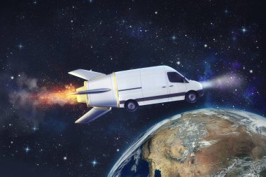 Bir roket gibi uçan van ile paket servis Süper hızlı teslimat. Nasa tarafından sağlanan Dünya
