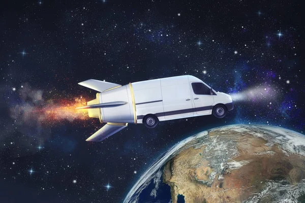 Entrega super rápida de serviço de pacote com van voadora como um foguete. Terra fornecida pela NASA — Fotografia de Stock