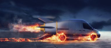 Super fast delivery of package service with van like a rocket with wheels on fire clipart