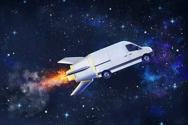 Super fast delivery of package service with flying van like a rocket — Stock Photo, Image