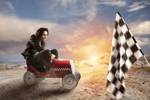 Fast businesswoman with a car wins against the competitors. Concept of success and competition. — Stock Photo, Image