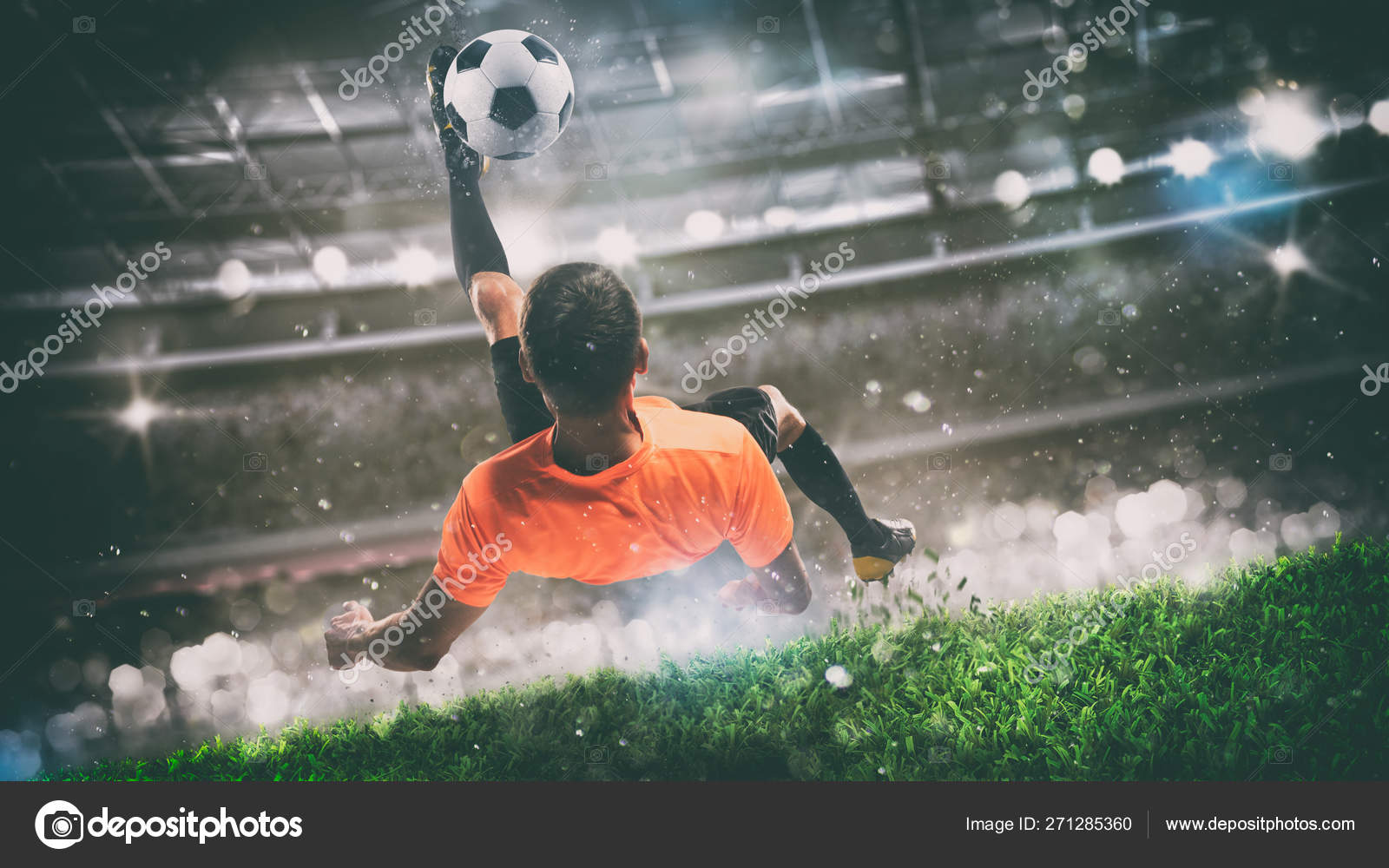 Chute De Futebol. Jogador De Futebol Chuta a Bola No Estádio