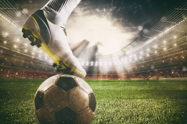 Close up of a soccer striker ready to kicks the ball at the stadium — Stock Photo, Image