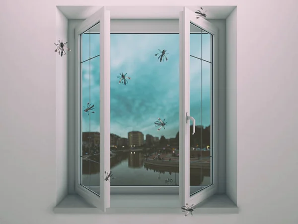 Mosquitos que entram sorrateiramente na casa de uma janela — Fotografia de Stock