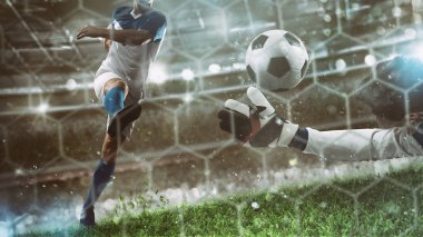 Kaleci bir futbol maçı sırasında topu stadyumda yakalar.