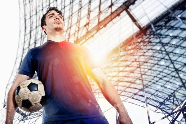 Soccer player ready to play with soccerball at the stadium — Stock Photo, Image