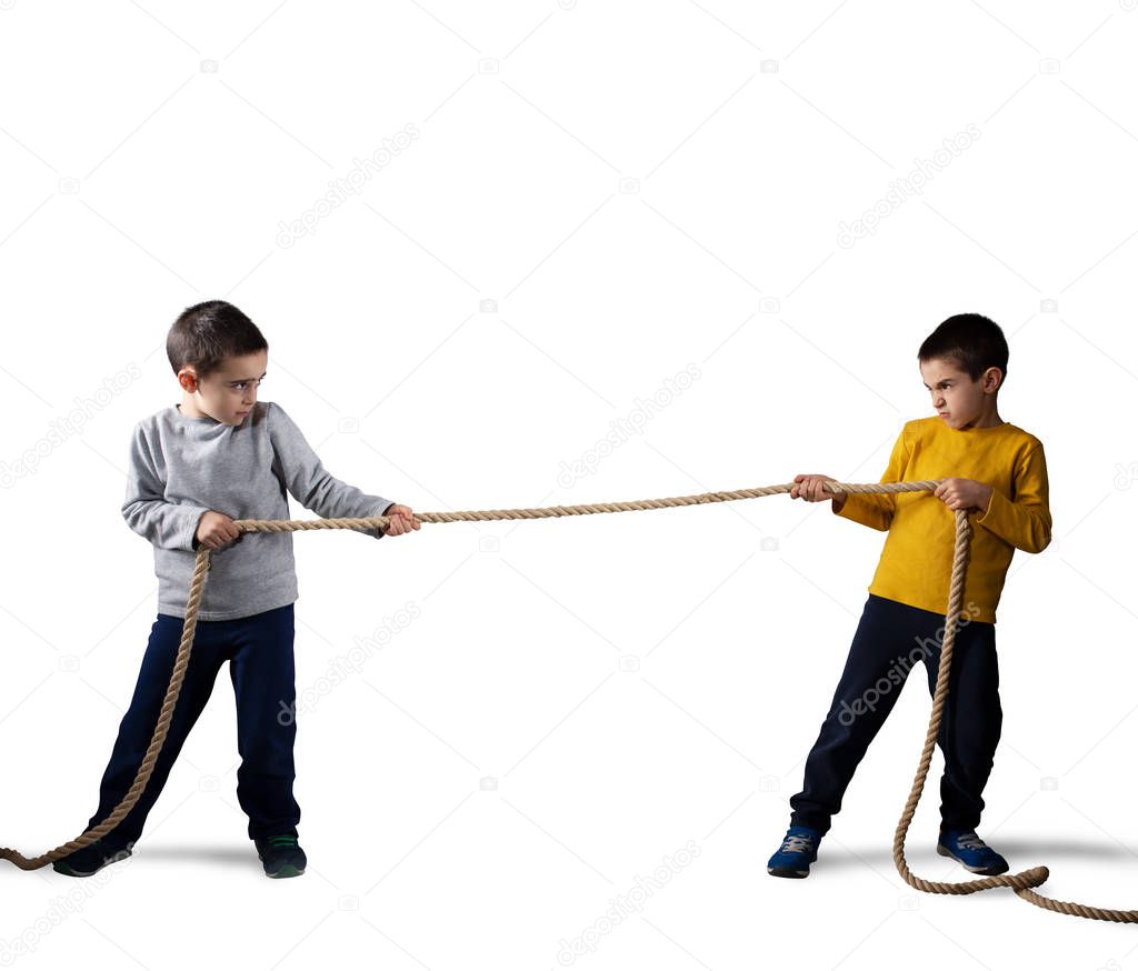 Rivalry of two brothers with a rope. Isolated on white background