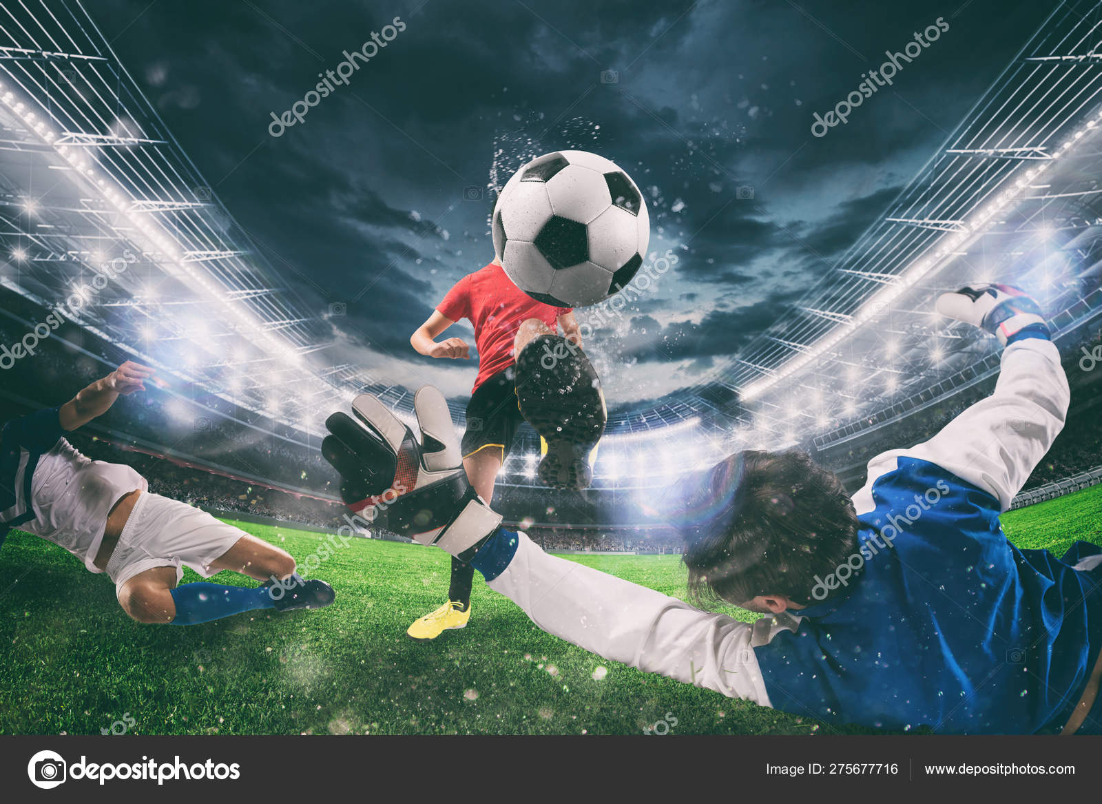 Cena de futebol durante jogo noturno com close-up de dois