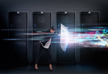 Concept of safety in a data center room with database server. Woman with shield defends against hacker attacks clipart