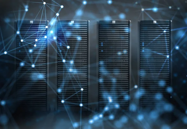 Concetto di una sala data center con server database ed effetti di rete — Foto Stock