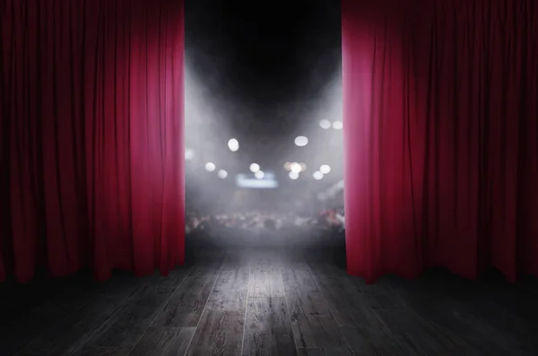 The red curtains are opening for the theater show — Stock Photo, Image