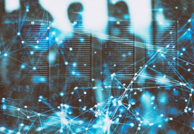 Veritabanı sunucusu ve ağ etkileri ile bir veri merkezi odasında güvenlik kavramı